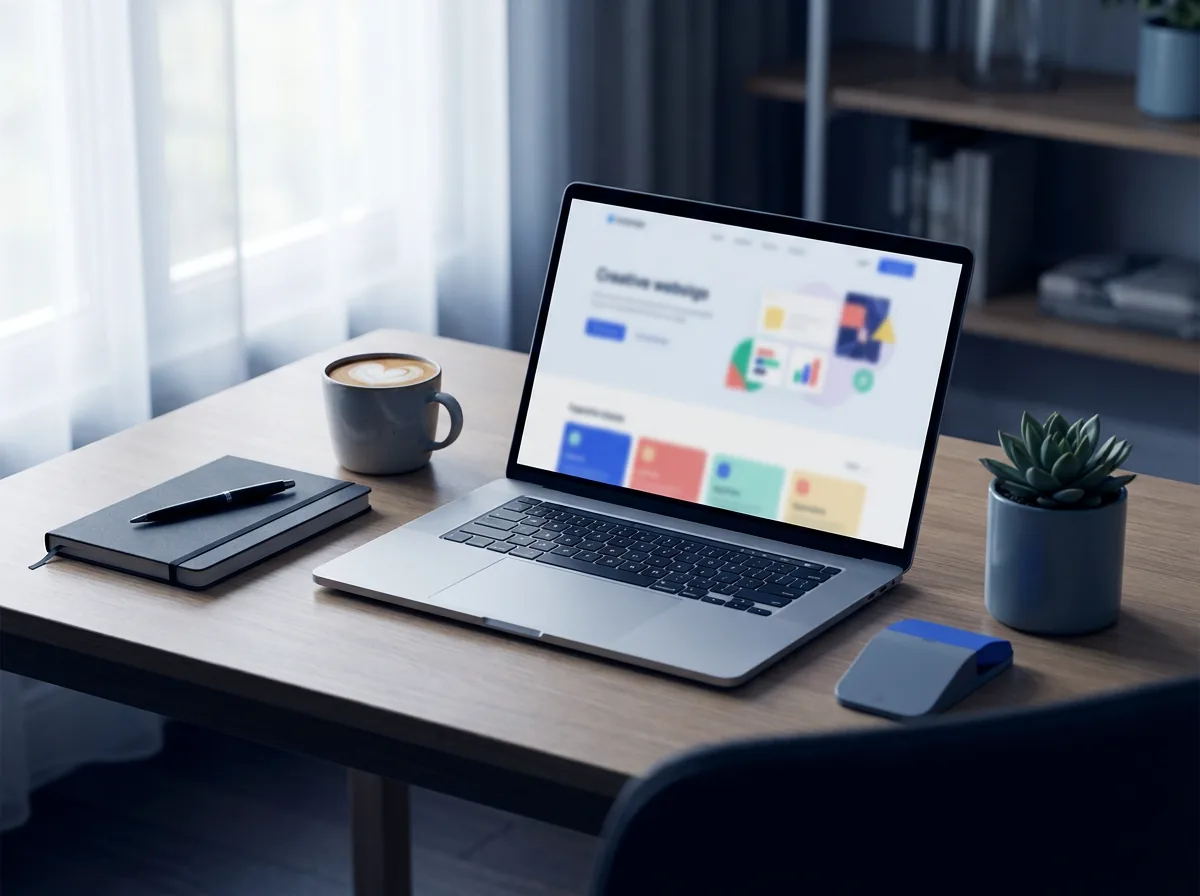 De werkplek van Vormwerk: een laptop met een websiteontwerp op een opgeruimd bureau